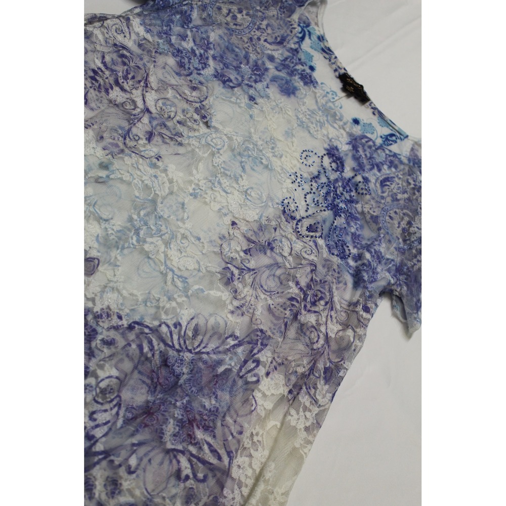 Cal Style Blue Purple Lace Tunic Top Rhinestone Paisley Handkerchief Hem Medium - Picture 2 of 6